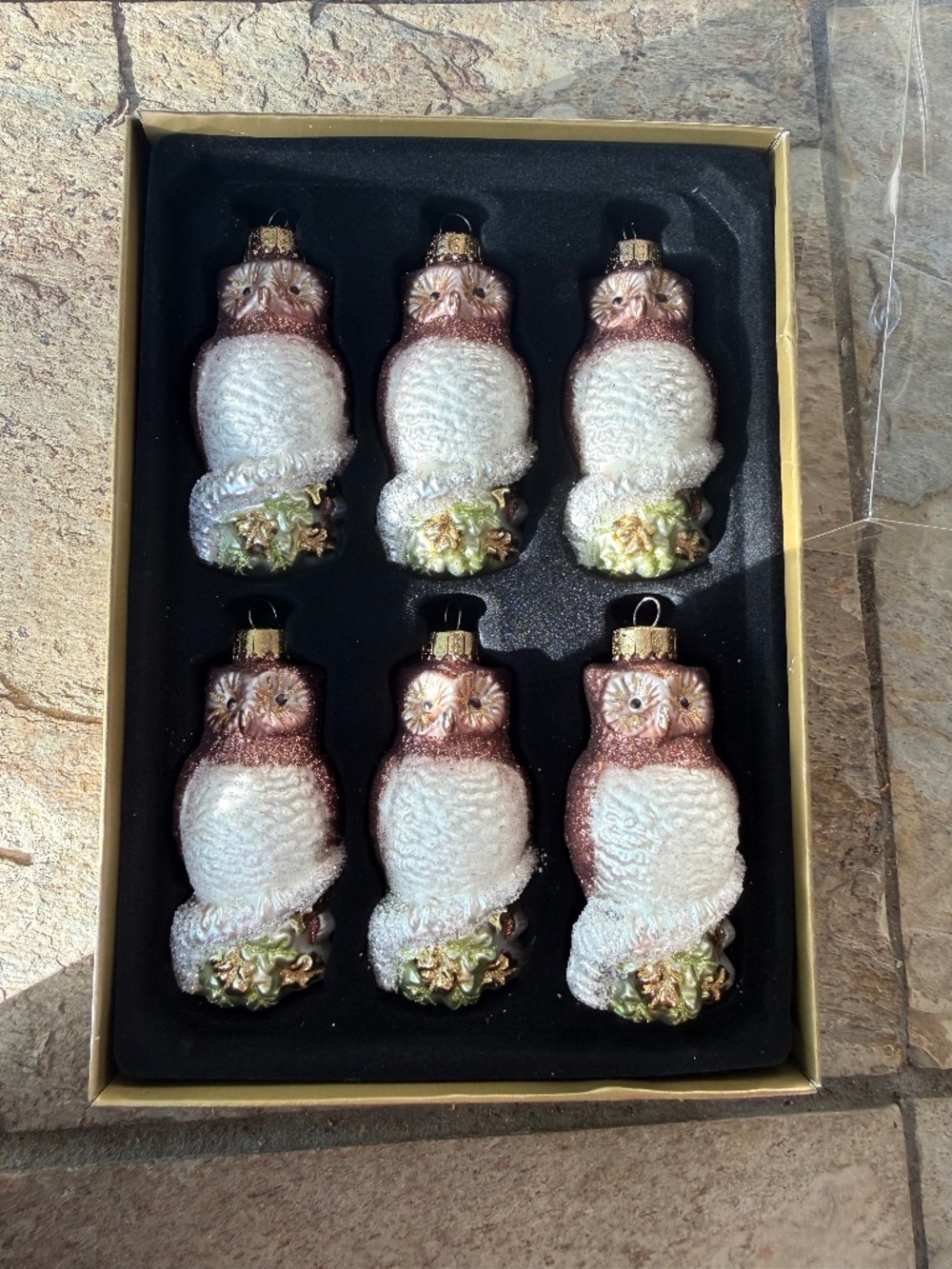 6 piece Each Handcrafted Blown Glass Owl Christmas Ornaments White Brown Green.